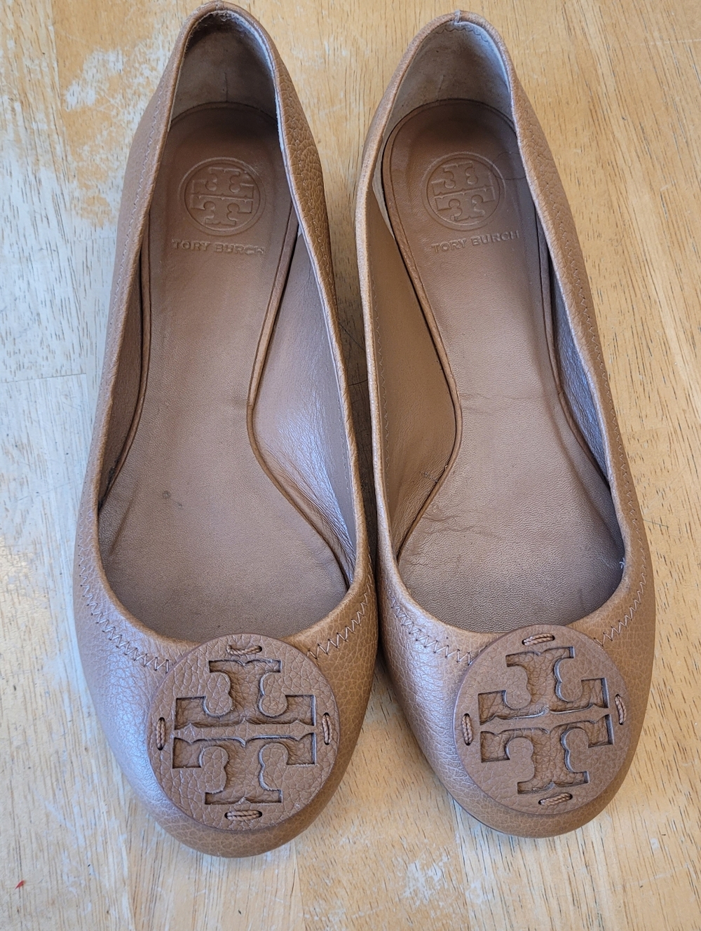 Tory Burch Brown Leather Ballet Flats Double T Logo 8.5